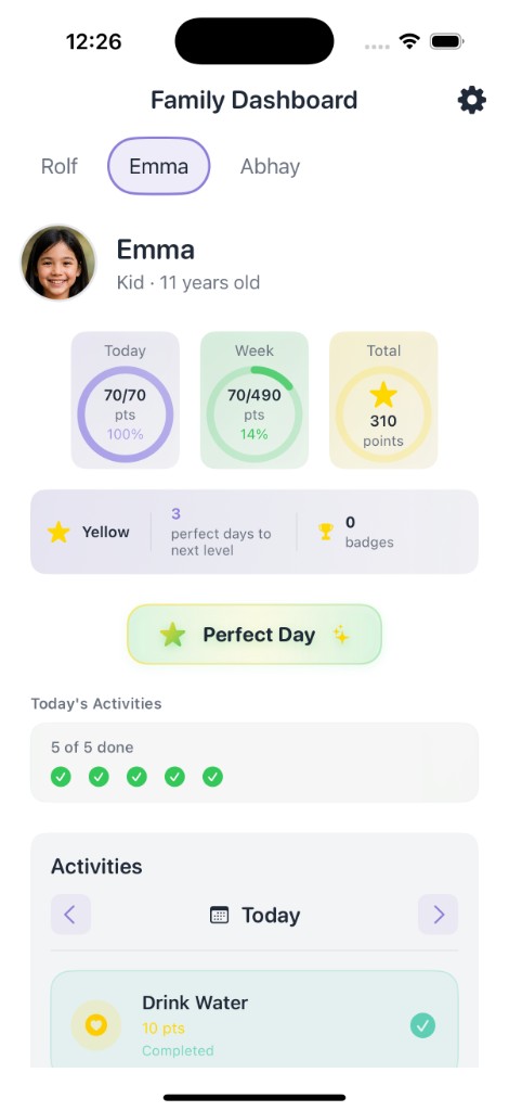 BetterDojo app showing Emma's kid dashboard — 310 total points, Yellow belt level, Perfect Day badge, 5 of 5 activities completed with green checkmarks