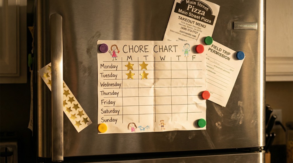 An abandoned chore chart on a refrigerator — gold star stickers only on Monday and Tuesday, the rest of the week completely empty, partially covered by a takeout menu